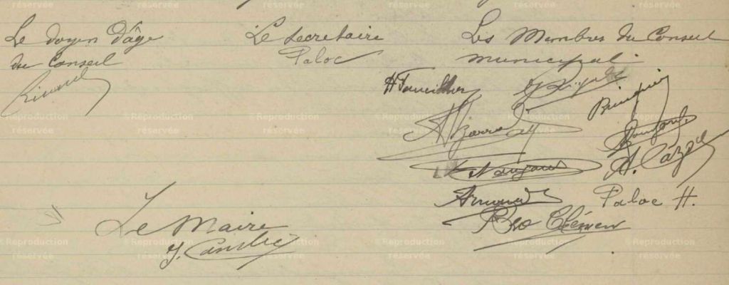 Signatures du Maire, de l'adjoint et des conseillers municipaux de Vendémian élus en 1919