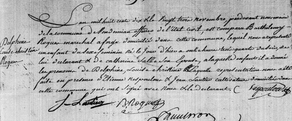 Acte de naissance de Delphine Roques du 23 novembre 1810 à Vendémian