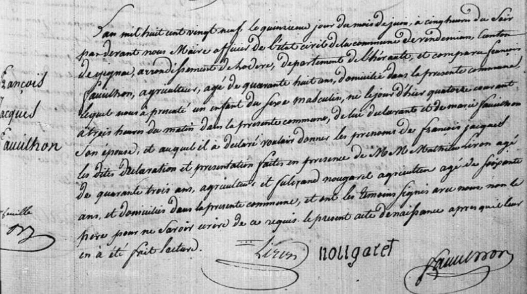 Acte de naissance de François Faucilhon du 15 juin 1829