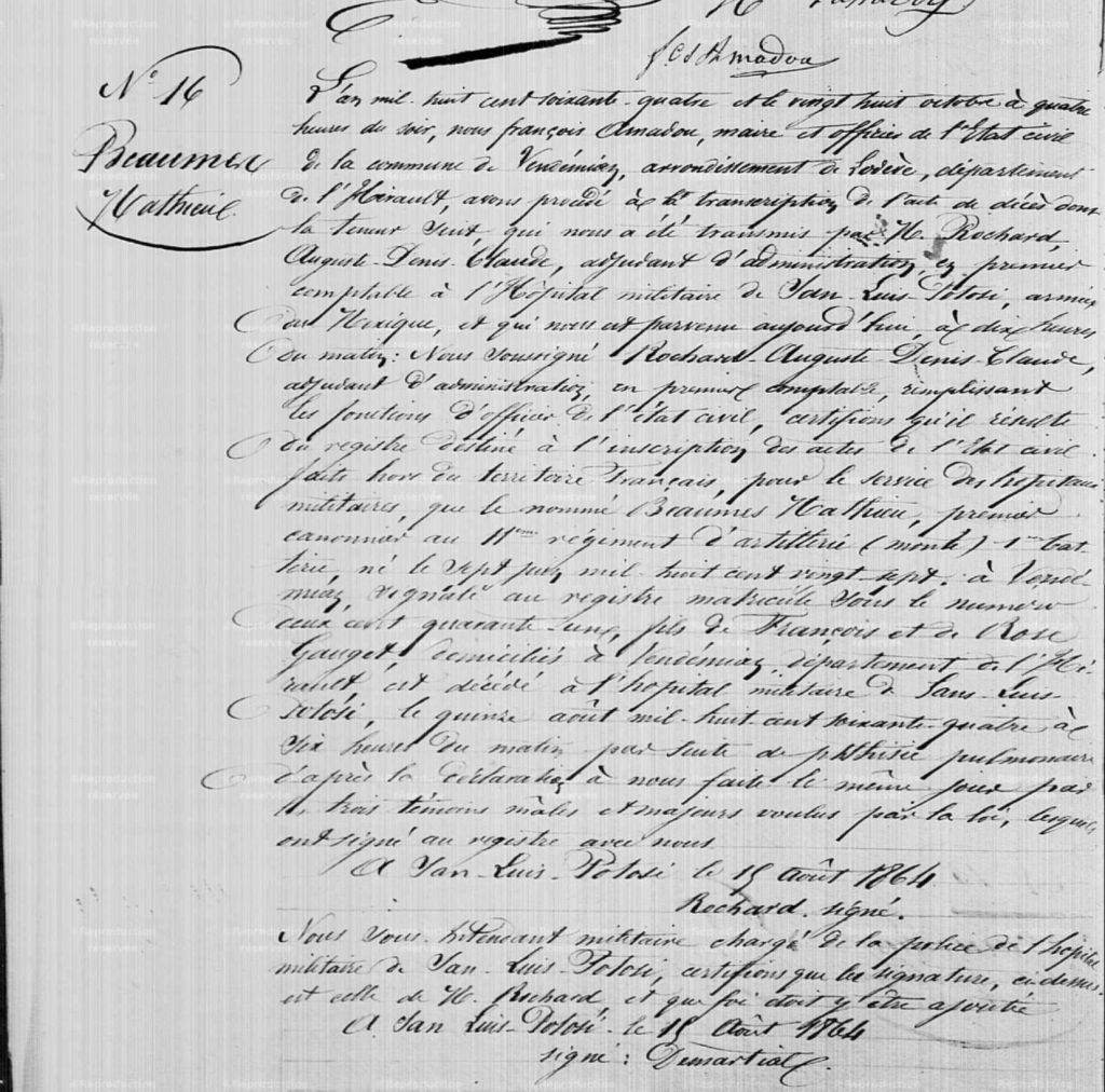 Transcription du décès de Mathieu Baumes le 28 octobre 1864